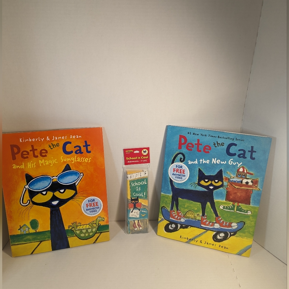 2 Pete the Cat Hardback Books and 36 paper Pete the Cat Bookmarks Full Color New